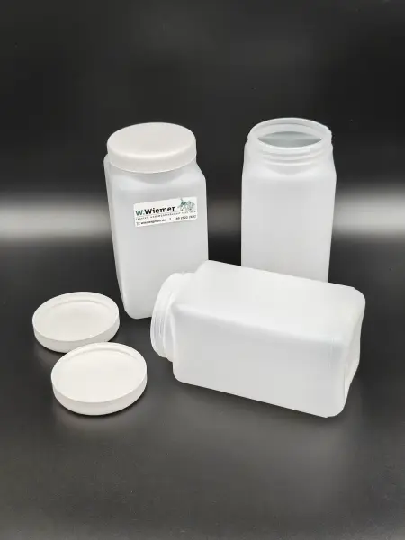 Weithals-Vierkantflasche HDPE 1000 ml inkl. Schraubdeckel weiss mit PE-Dichtung