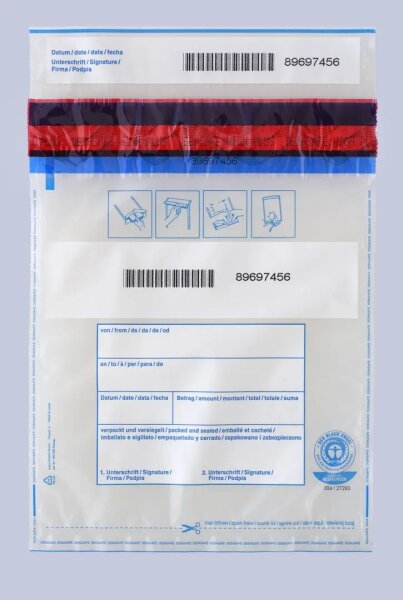 500x Sicherheitstaschen DEBASAFE (195 x 265 + 30 mm (Bon)) DEBATAPE high plus - Transparent - Recyclingfolie